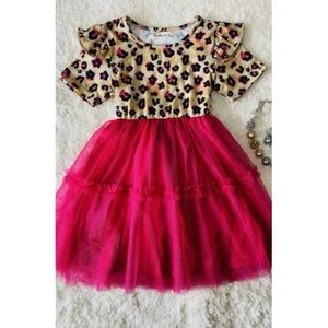 BRAND NEW WITH TAGS Leopard Print Ruffle Sleeve Dress with Hot Pink Tulle Skirt